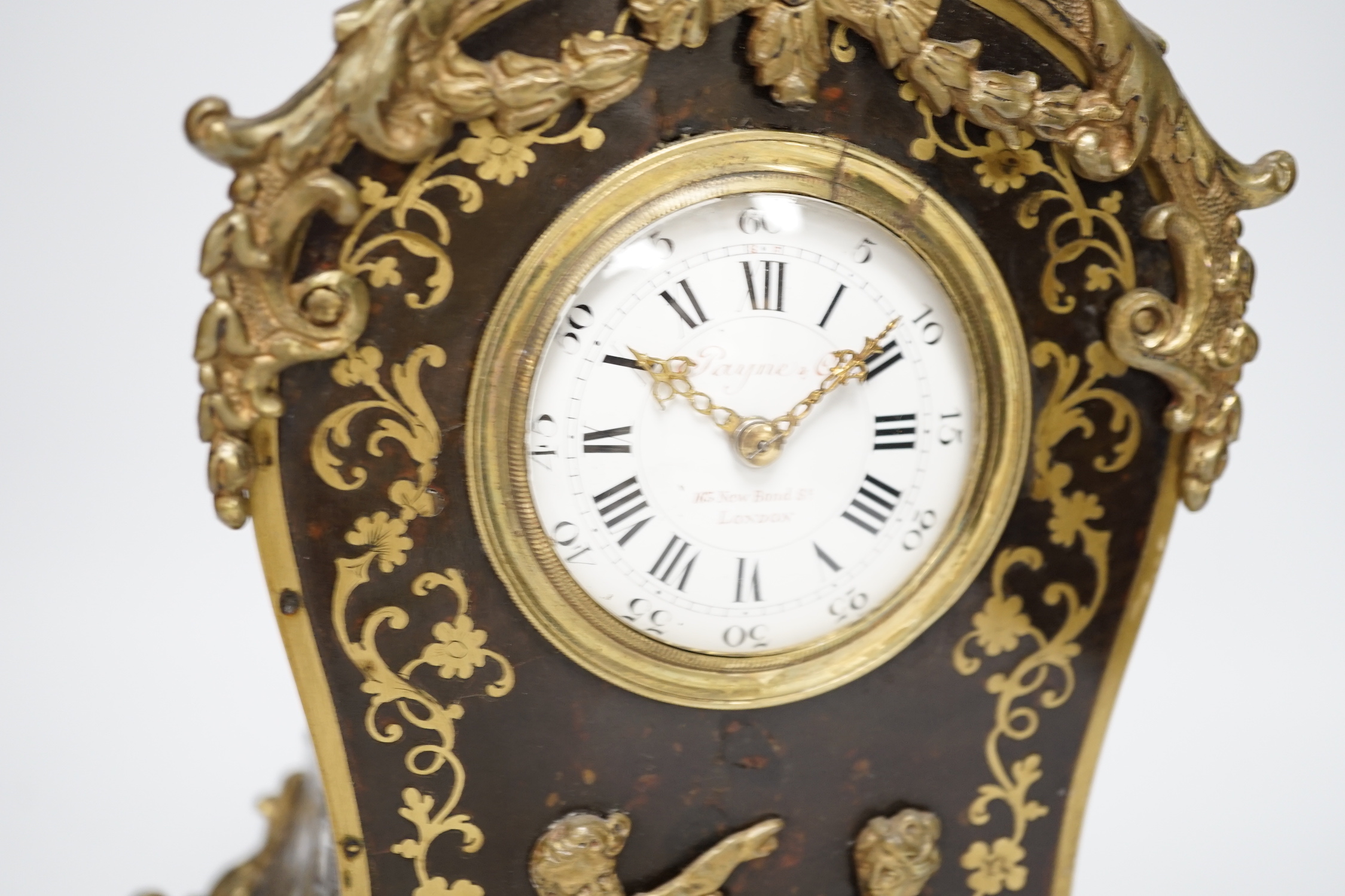 A French Boullework mantel timepiece, retailed by Payne's, with balance escapement, 31.5cm